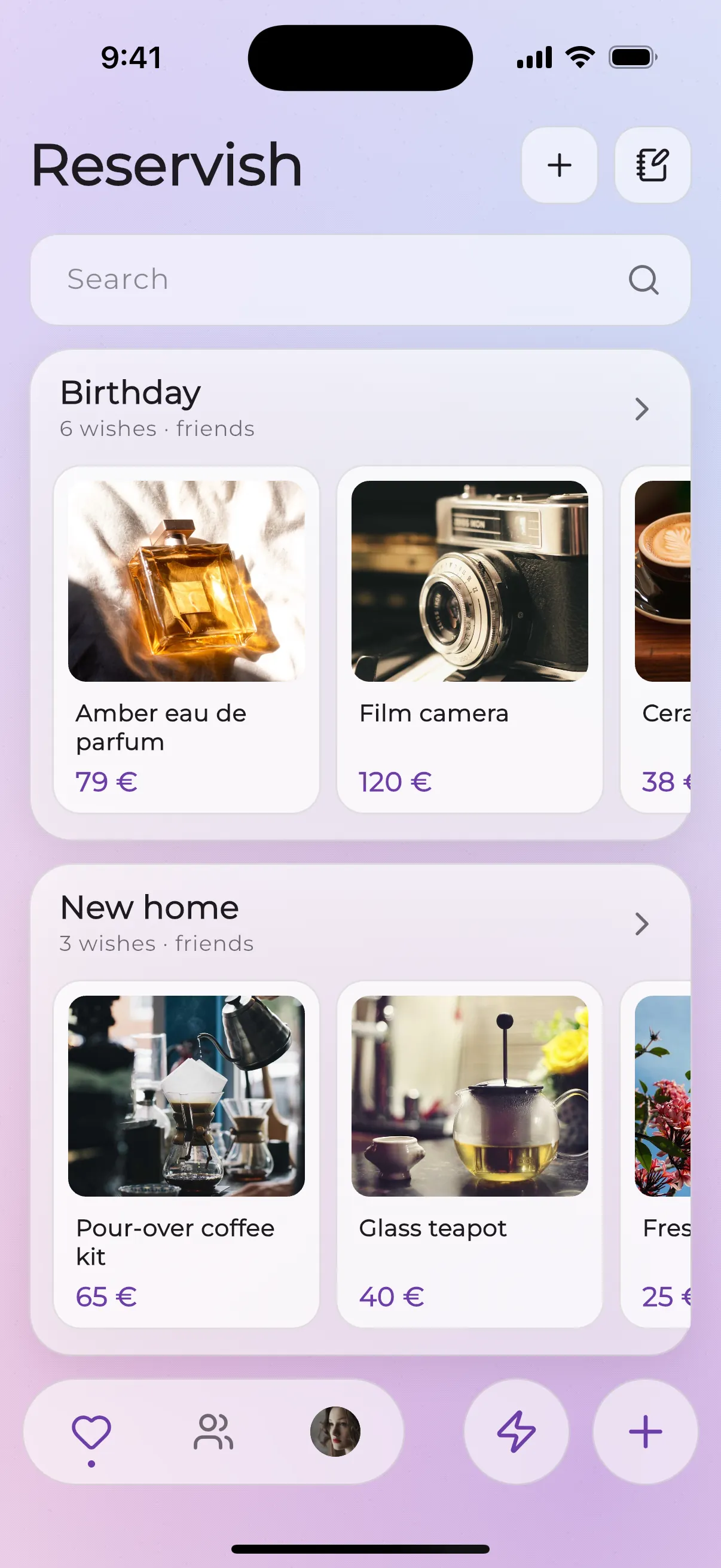 Reservish home with Birthday and New home wishlists