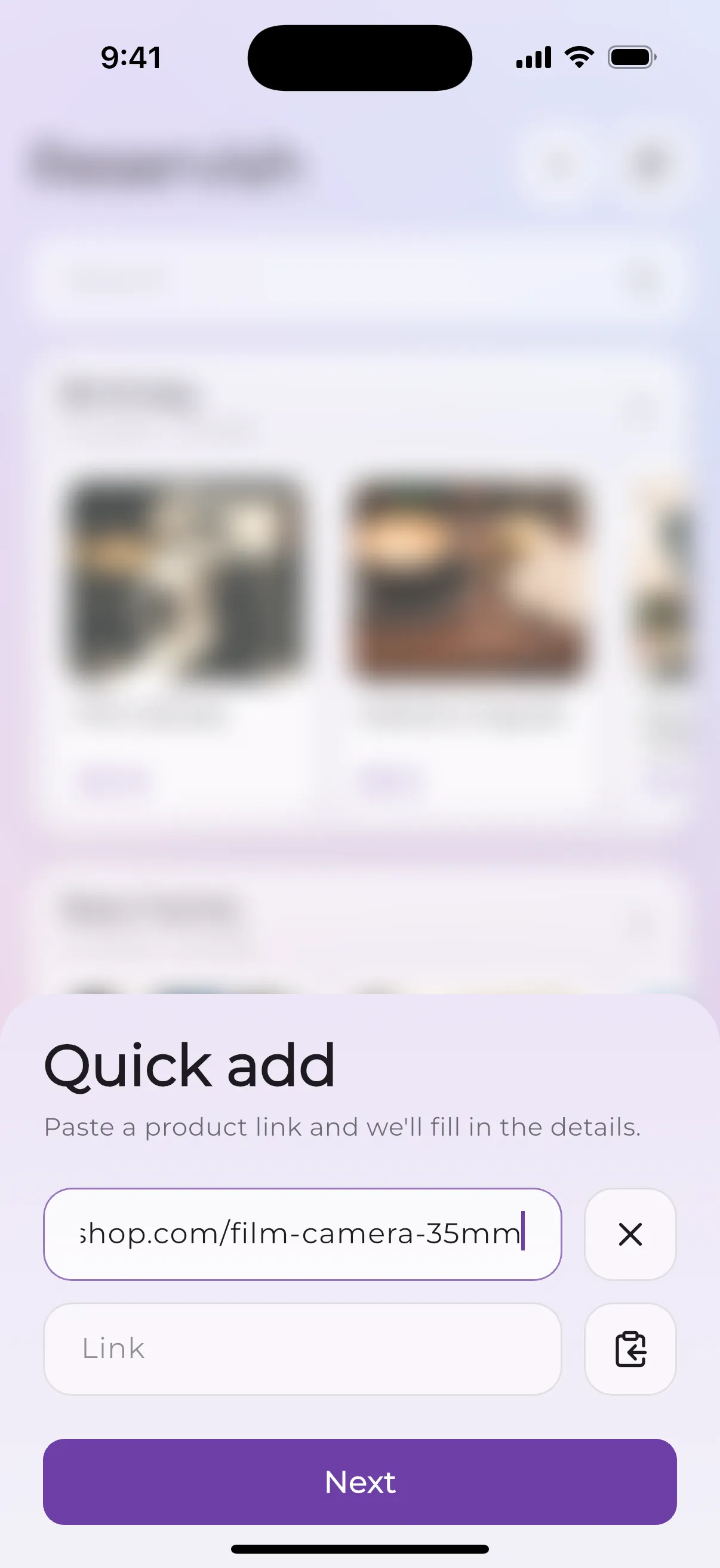 Quick add: a product link pasted into Reservish
