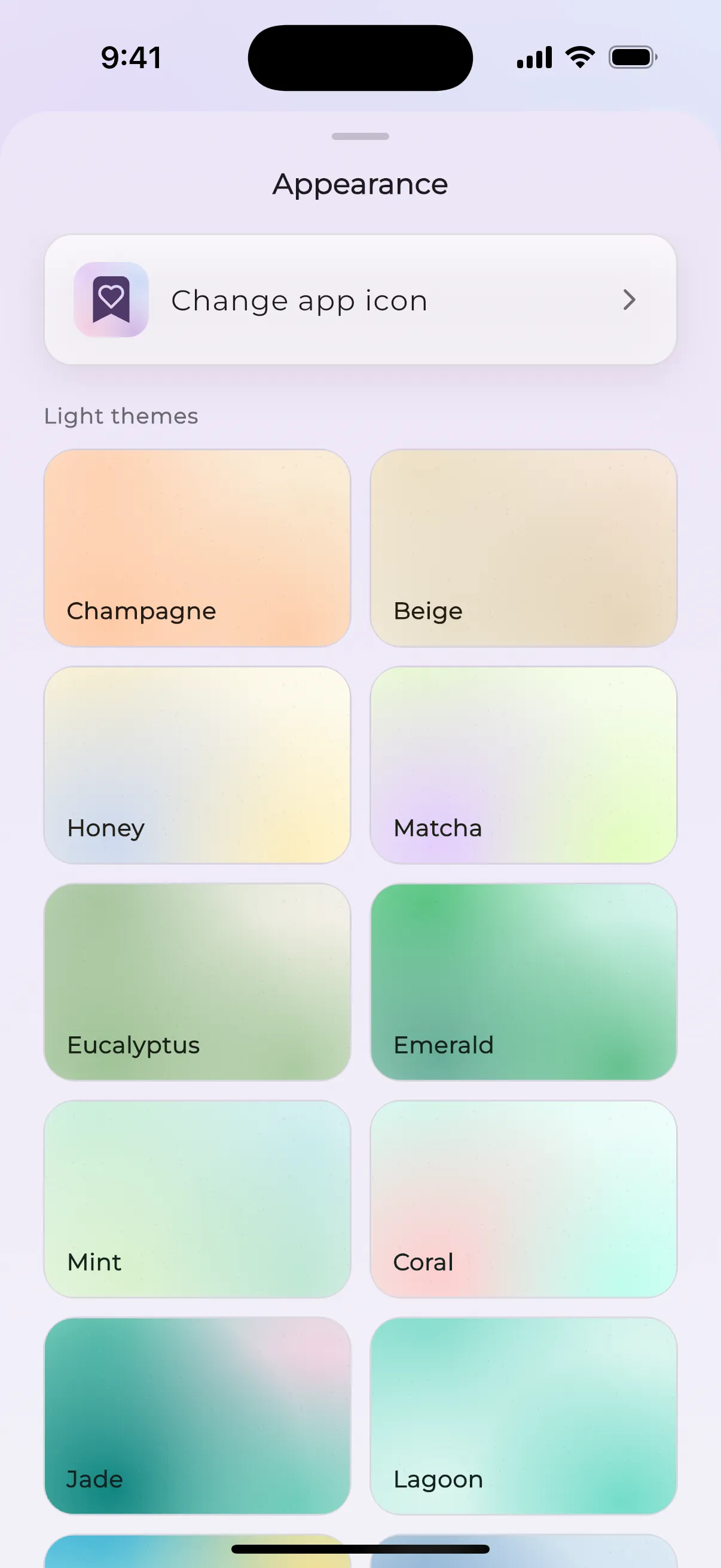 Appearance picker in Reservish, light and night palettes sorted by hue