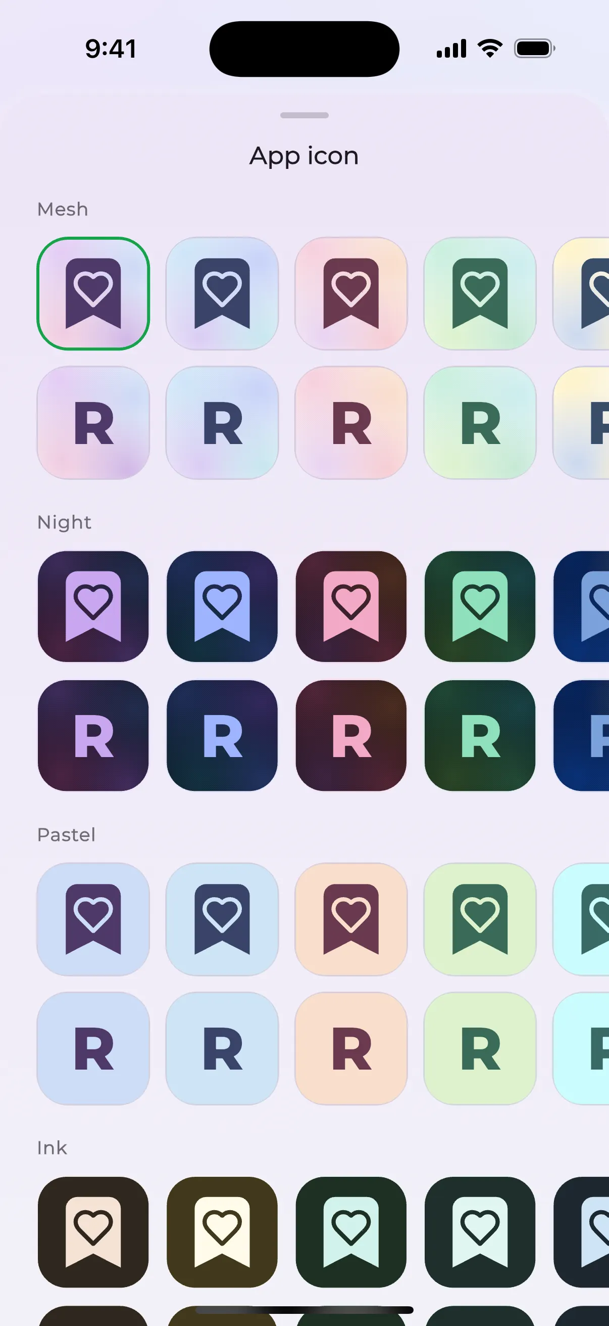 App icon picker in Reservish: Mesh, Night, Pastel, Ink and Mono families