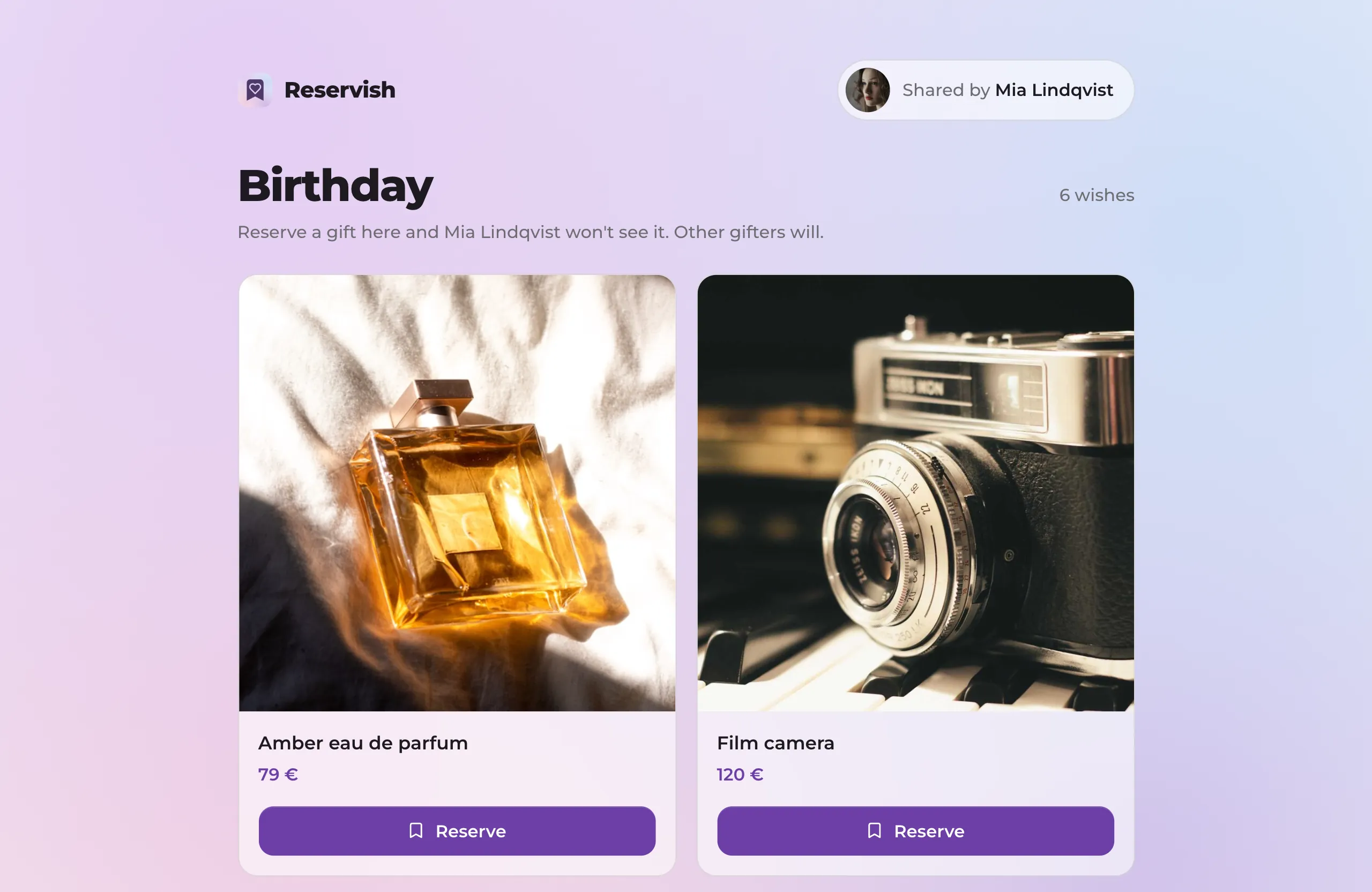 A Birthday wishlist opened in the browser: five wishes with prices and a Reserve button on each