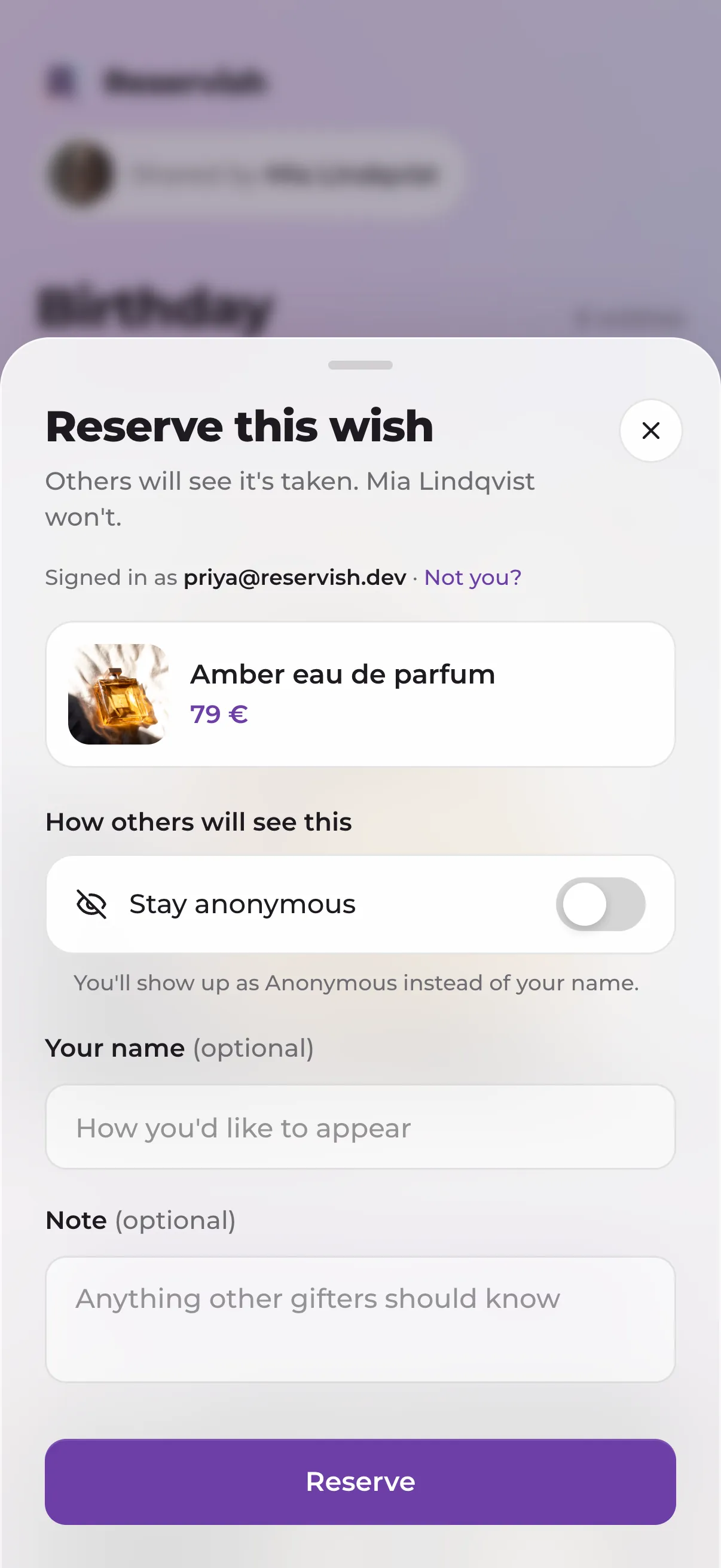 The same wish reserved in the browser: the web reserve sheet with Apple, Google and email sign-in